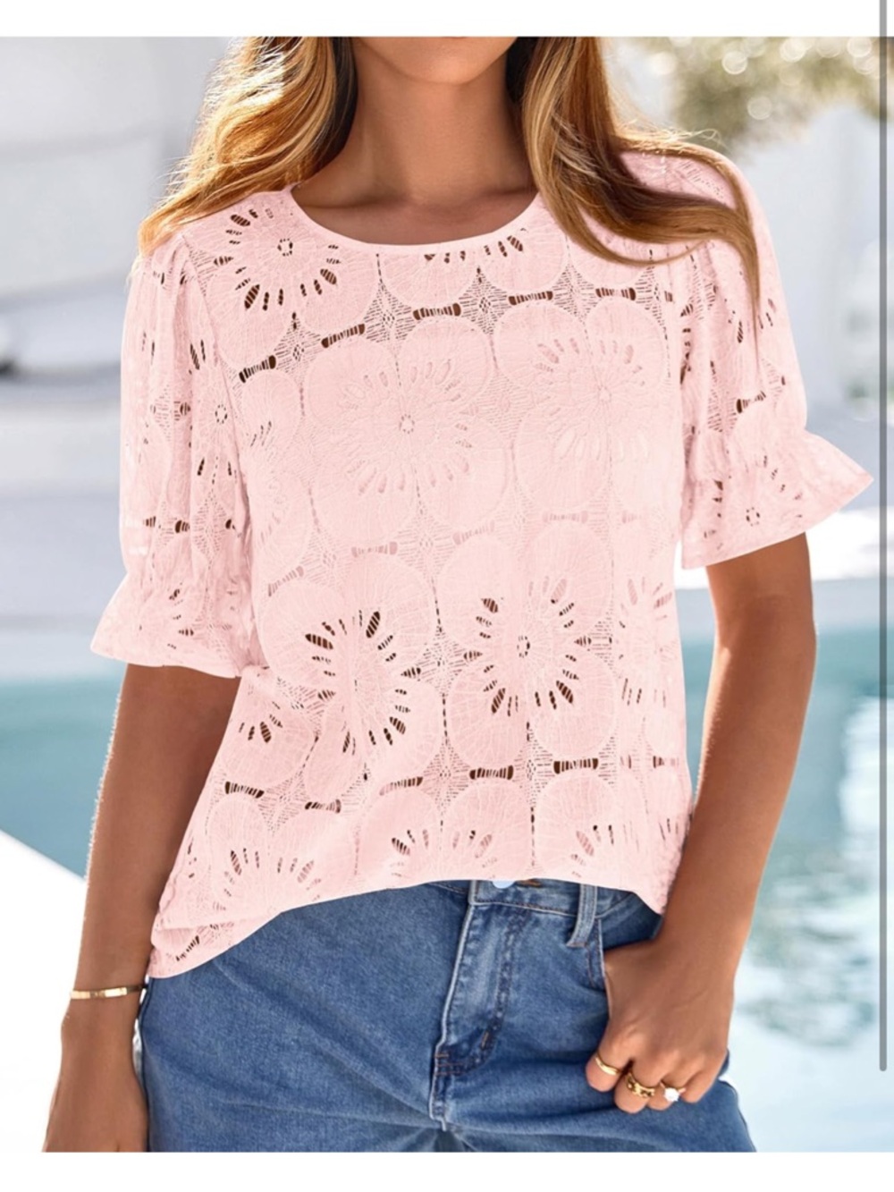 Pink Crochet Lace Short Sleeve blouse - Picture 2 of 5